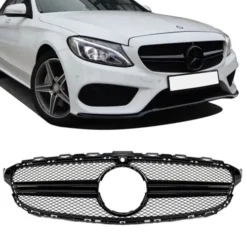 Blanksvart AMG-look grill till Mercedes C-Klass W205 – ger bilen en aggressiv och exklusiv frontprofil.