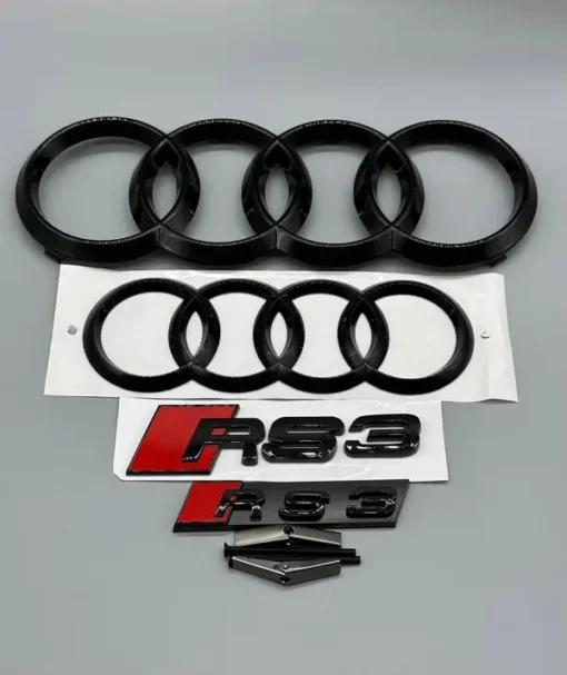 Audi-RS3-Emblem-Kit-Svarta-Paket-Ringar-Grillemblem