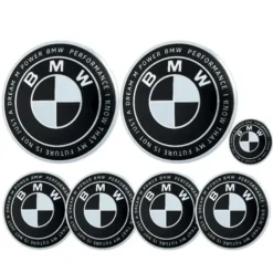 BMW emblem 7-pack svart/vit 50-årsjubileum – huv, baklucka, nav och rattdekal