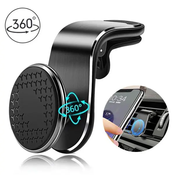 Svart magnetisk mobilhållare med 360° rotation – fästs enkelt i bilens ventilationsgaller för säker och flexibel visning.