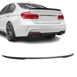 Blanksvart Performance-vinge monterad på BMW 3-serie F30 och M3 F80 som ger bilen en sportigare och mer aggressiv bakprofil.