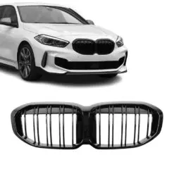 Blanksvart dubbelribb-grill monterad på BMW F40 som ger en modern och aggressiv frontdesign.