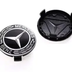 Svart Mercedes centrumkåpa 75mm med stilren design och perfekt passform för originalfälgar.
