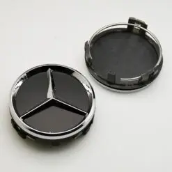 Mercedes centrumkåpa 75mm i svart och silver med klassisk emblemdesign för originalfälgar.