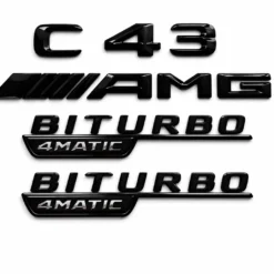 Mercedes C43 AMG emblem kit blanksvart med BITURBO och 4MATIC för sportig baklucka styling