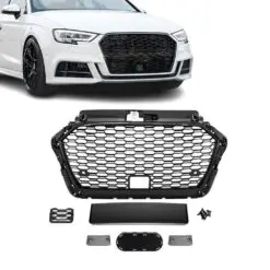 Blanksvart RS3-look honeycomb grill till Audi A3 8V Facelift 2016–2019 – ger ett aggressivt och modernt utseende.