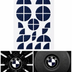 BMW klistermärken för emblem i blå kolfiber – appliceras på befintliga emblem, ratt och fälgemblem för en sportig BMW-look.