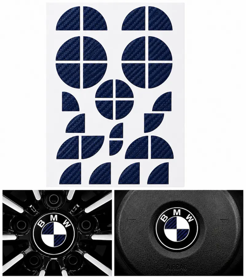BMW klistermärken för emblem i blå kolfiber – appliceras på befintliga emblem, ratt och fälgemblem för en sportig BMW-look.