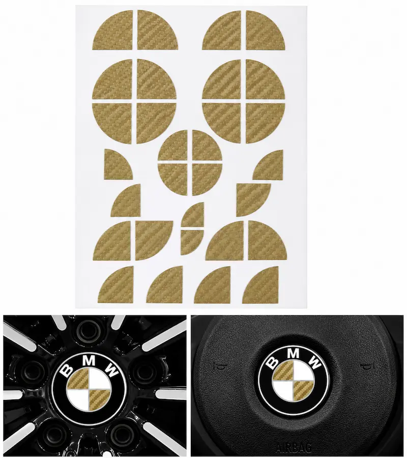 BMW klistermärken för emblem i guld kolfiber – appliceras på befintliga emblem, ratt och fälgemblem för en exklusiv BMW-look.