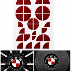 BMW klistermärken för emblem i röd kolfiber – appliceras på befintliga emblem, ratt och fälgemblem för en sportig BMW-look.