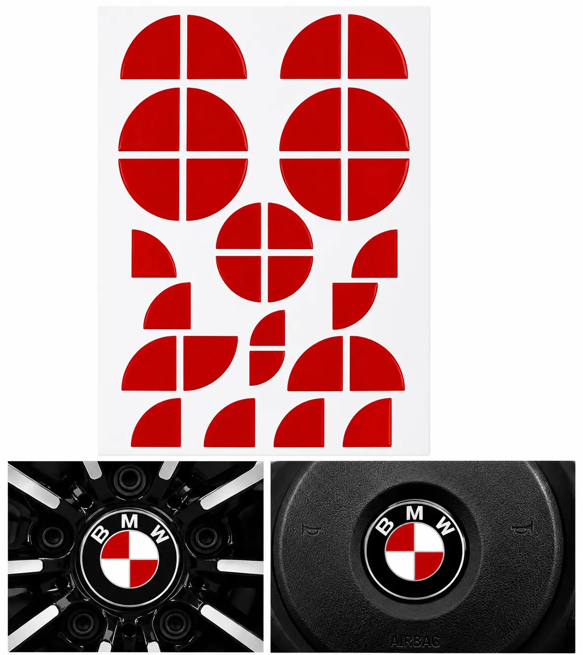 BMW klistermärken för emblem i rosa design – appliceras på befintliga emblem, ratt och fälgemblem för en sportig BMW-look.