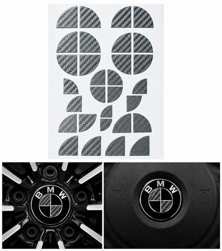 BMW klistermärken för emblem i silver kolfiber – appliceras på befintliga emblem, ratt och fälgemblem för en stilren BMW-look.
